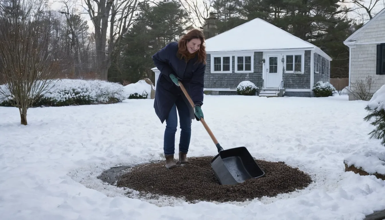 Homeowner checking a septic tank lid marker in a snowy yard across the Tuxedo area