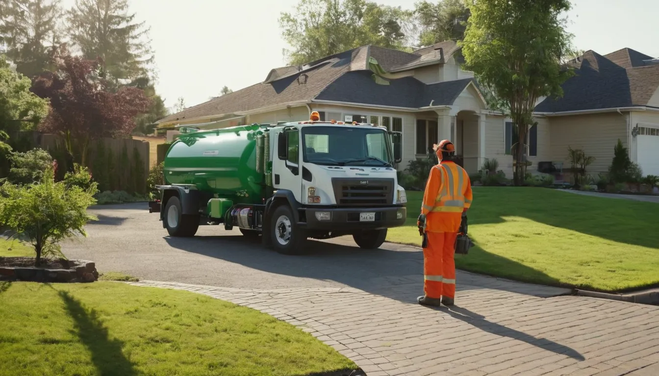 A friendly provider talking with a homeowner beside a septic tank access lid in Tuxedo